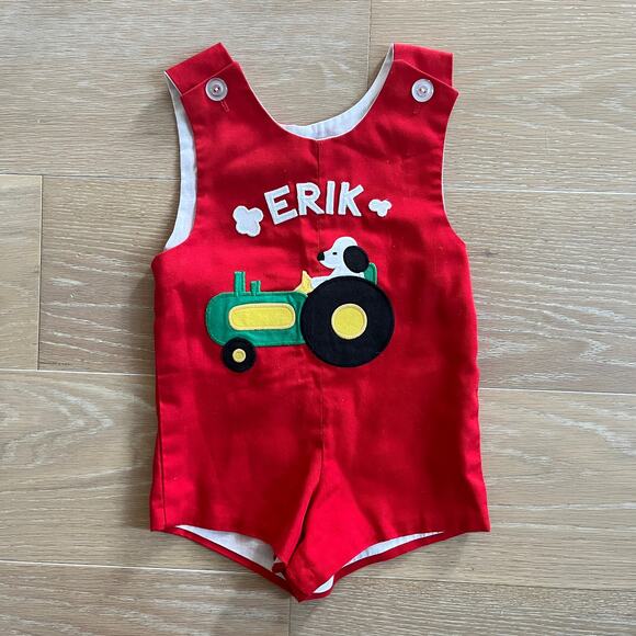 Vintage Kelly's Kids Red Shorts Romper Dog on Tractor ERIK sz 2 - Picture 1 of 3